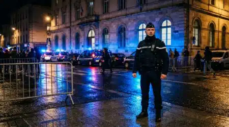 Policier vigilant devant un commissariat de nuit
