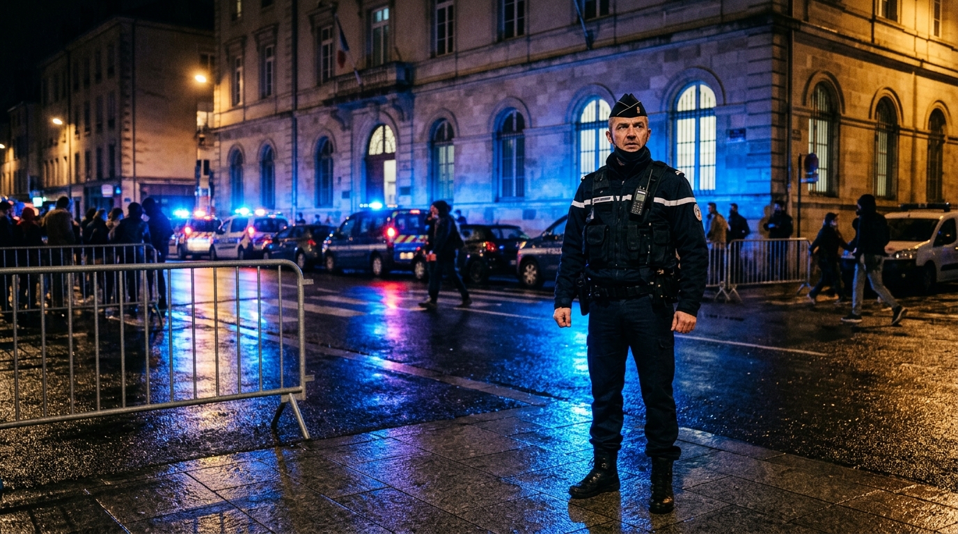 Policier vigilant devant un commissariat de nuit