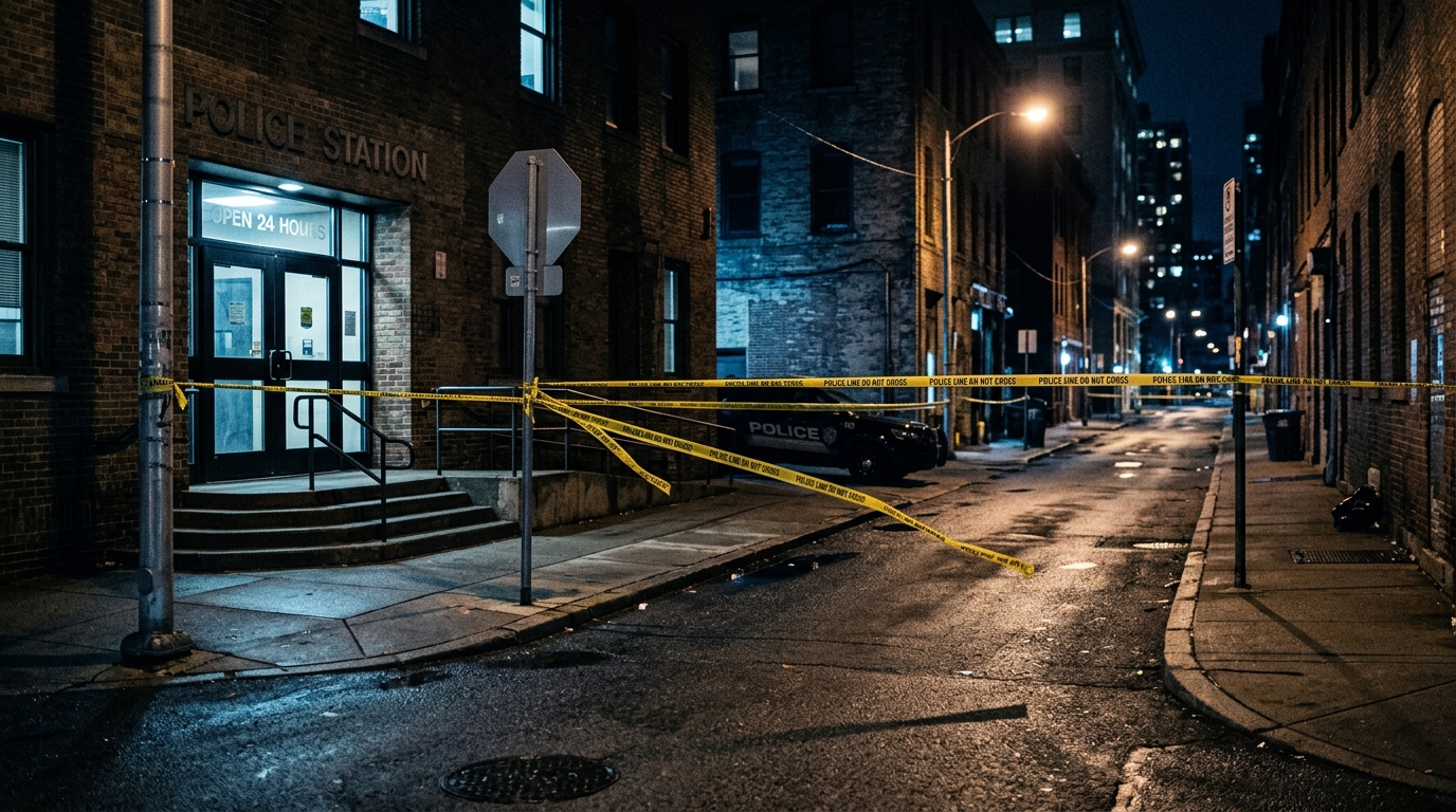 Rue déserte avec ruban de police la nuit