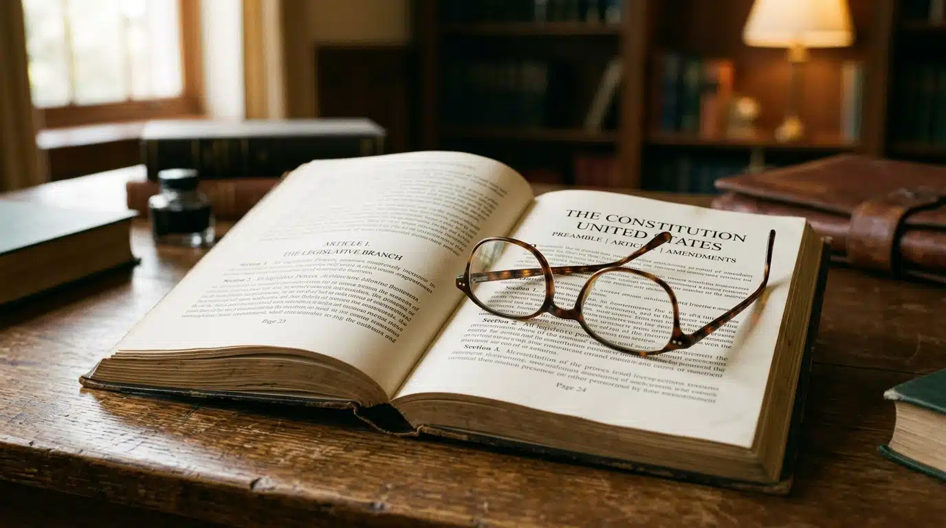 Texte constitutionnel imprimé ouvert sur un bureau avec des lunettes de lecture