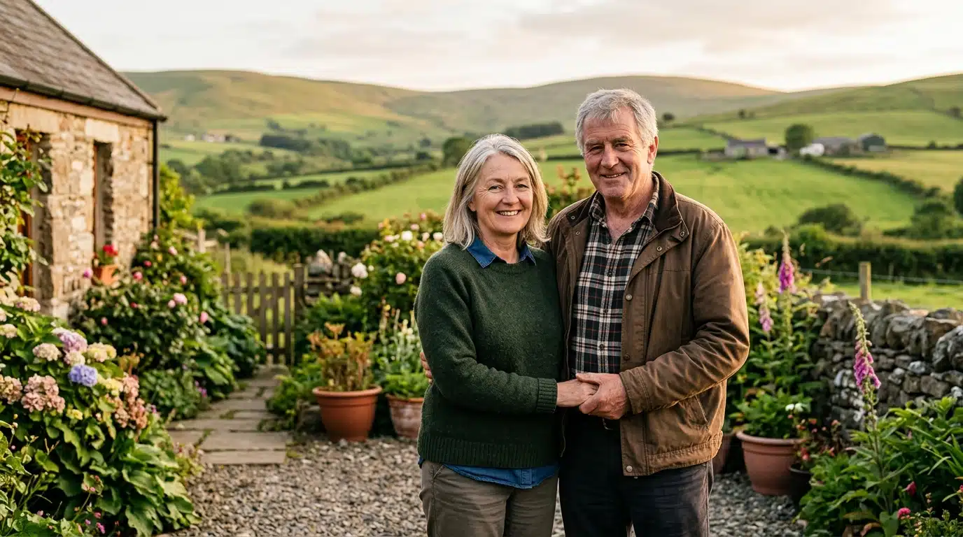 Couple souriant dans un jardin de campagne irlandaise