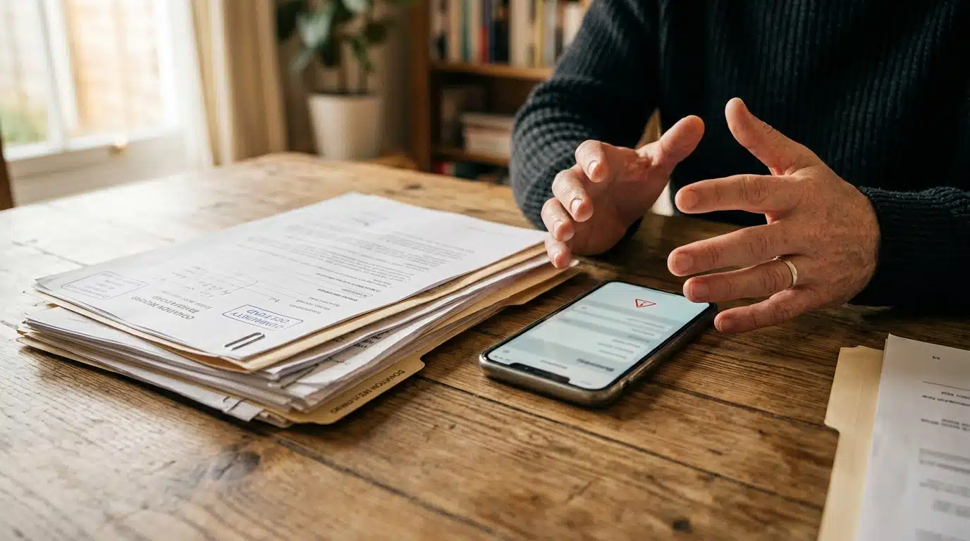 Documents et smartphone évoquant une alerte à l'arnaque