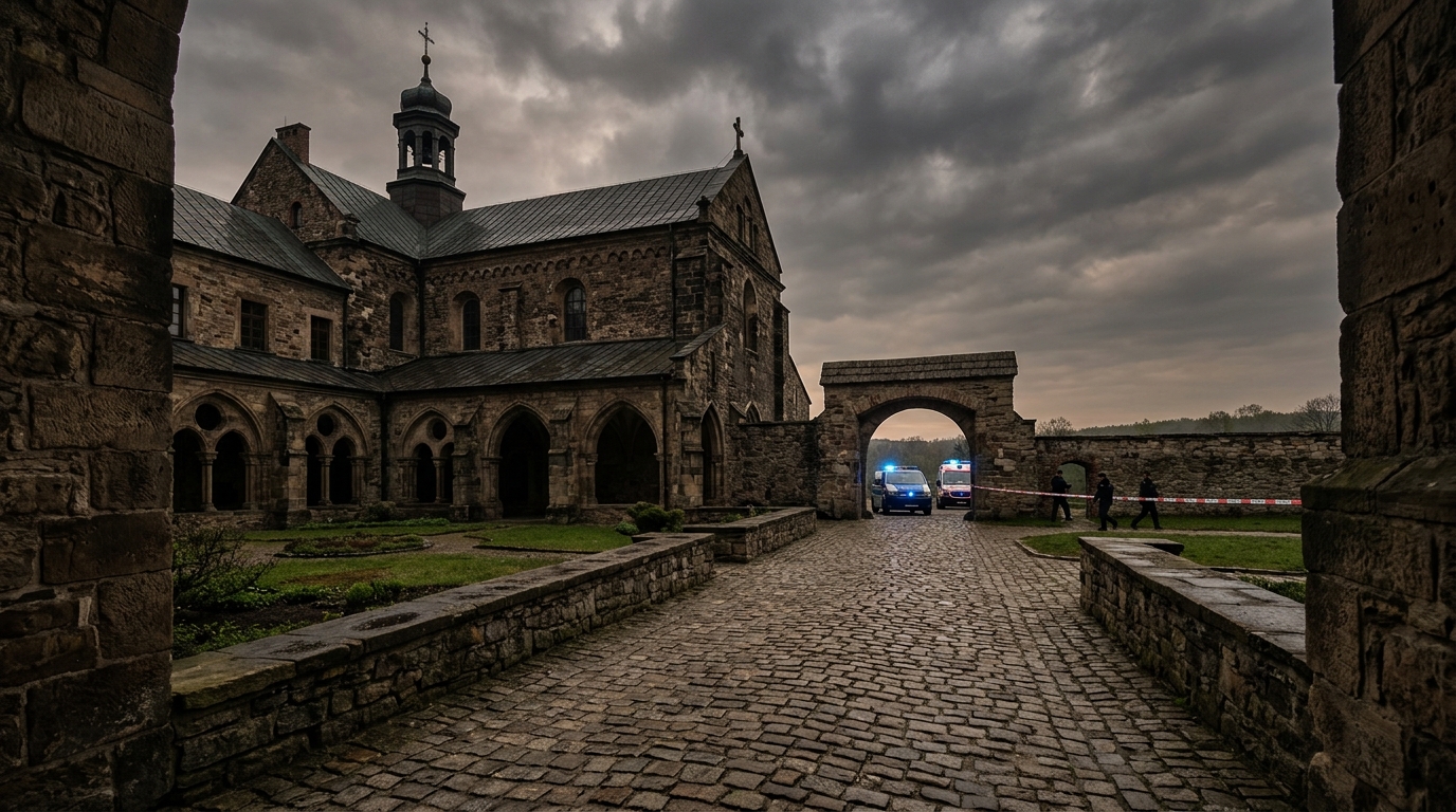 Cour intérieure d'une abbaye en pierre sous ciel gris