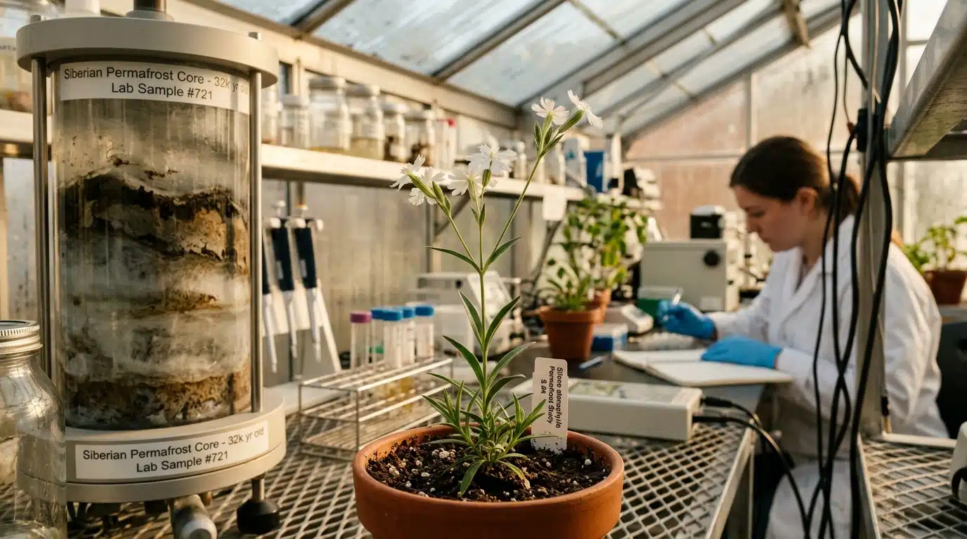 Petite fleur blanche de silène en laboratoire scientifique