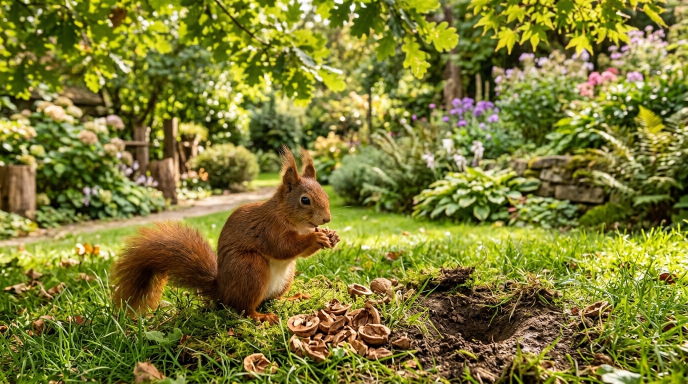 Écureuil roux assis près de coques de noix au jardin