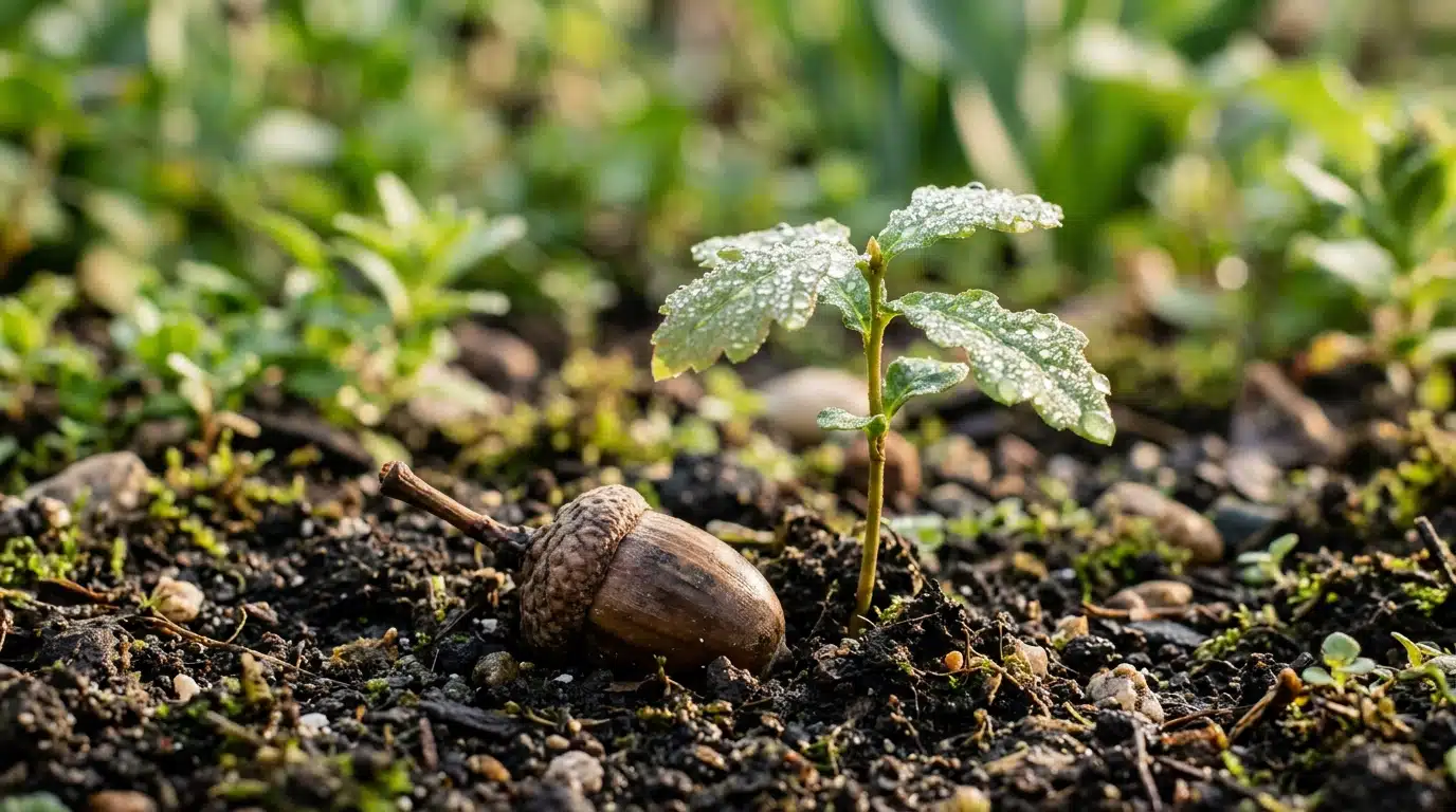 Jeune pousse de chêne sortant de terre au jardin
