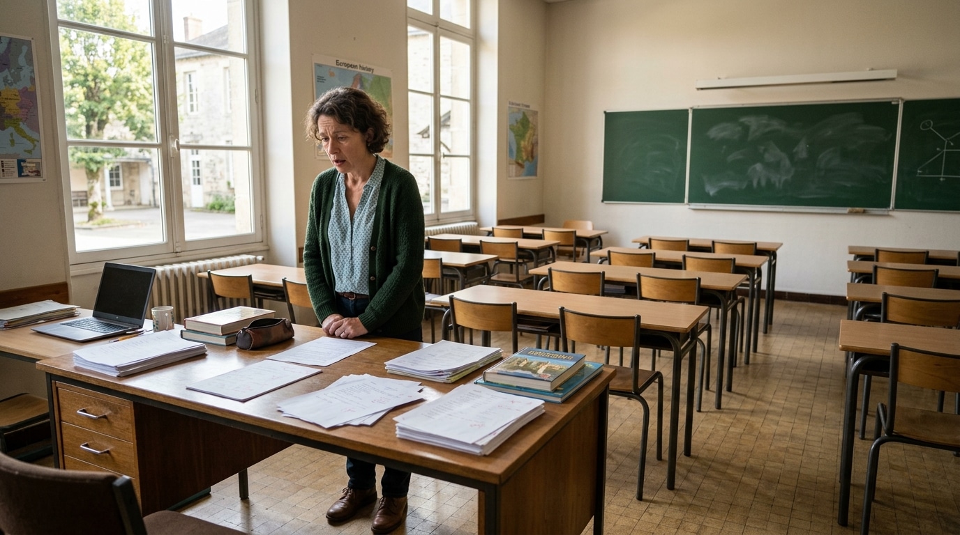 Salle de classe vide avec bureau et lumière matinale