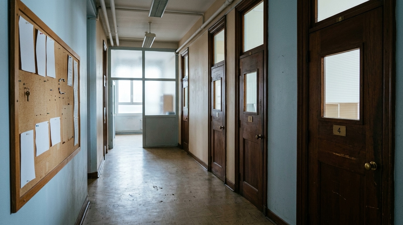 Couloir de collège avec portes fermées et silence