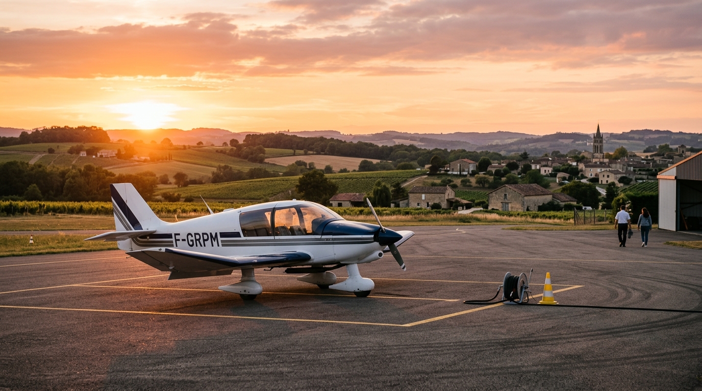 Petit avion de tourisme sur un aérodrome au coucher du soleil
