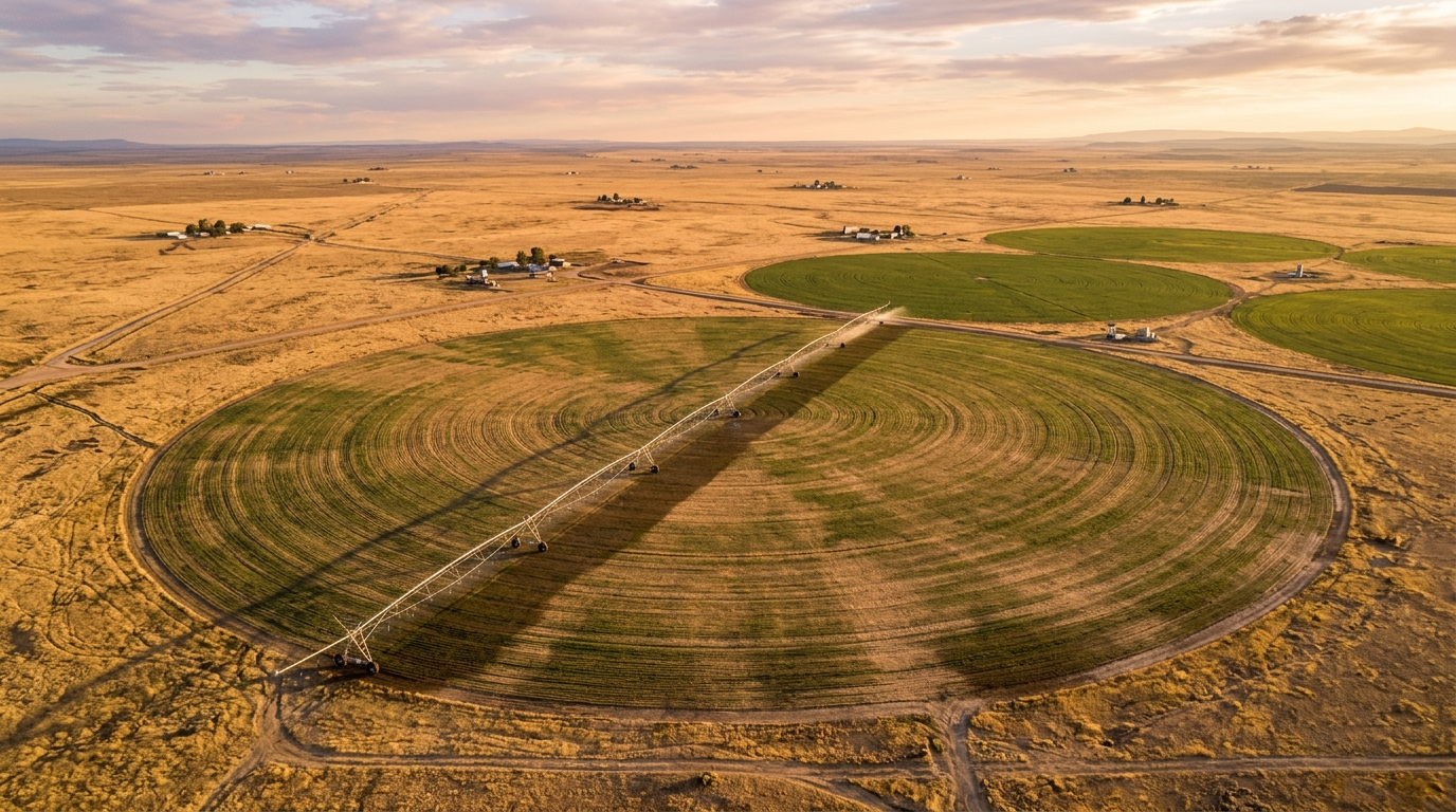 Champ agricole irrigué vu du ciel au coucher du soleil
