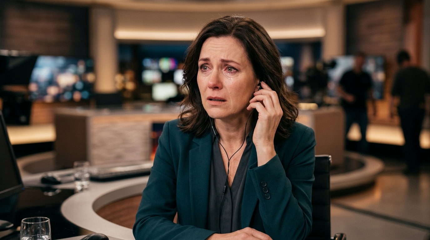 Présentatrice télé visage bouleversé en plateau