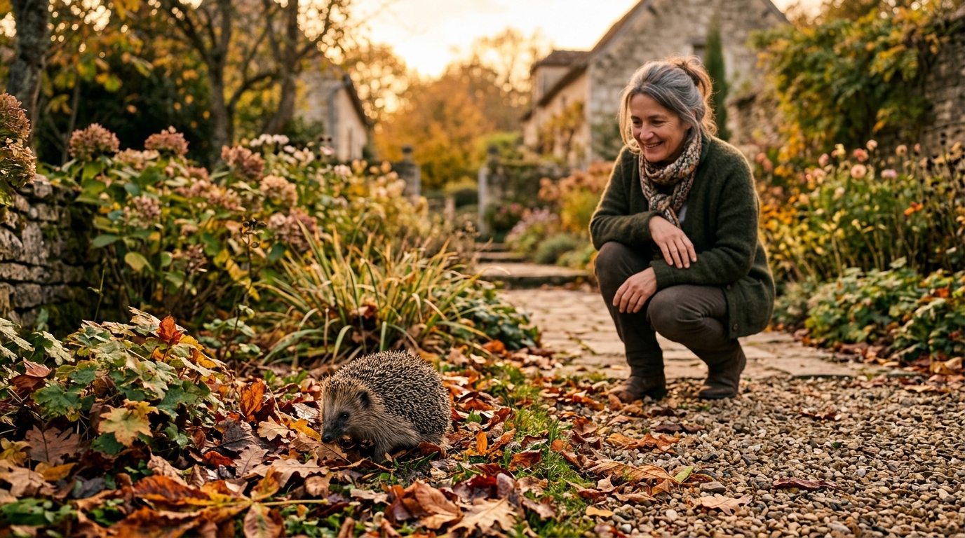 Hérisson cherchant de la nourriture dans les feuilles d'automne