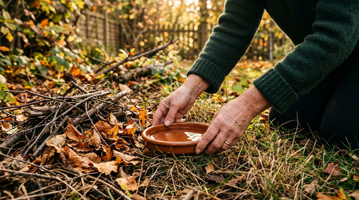 Point d'eau installé près d'un tas de feuilles au jardin