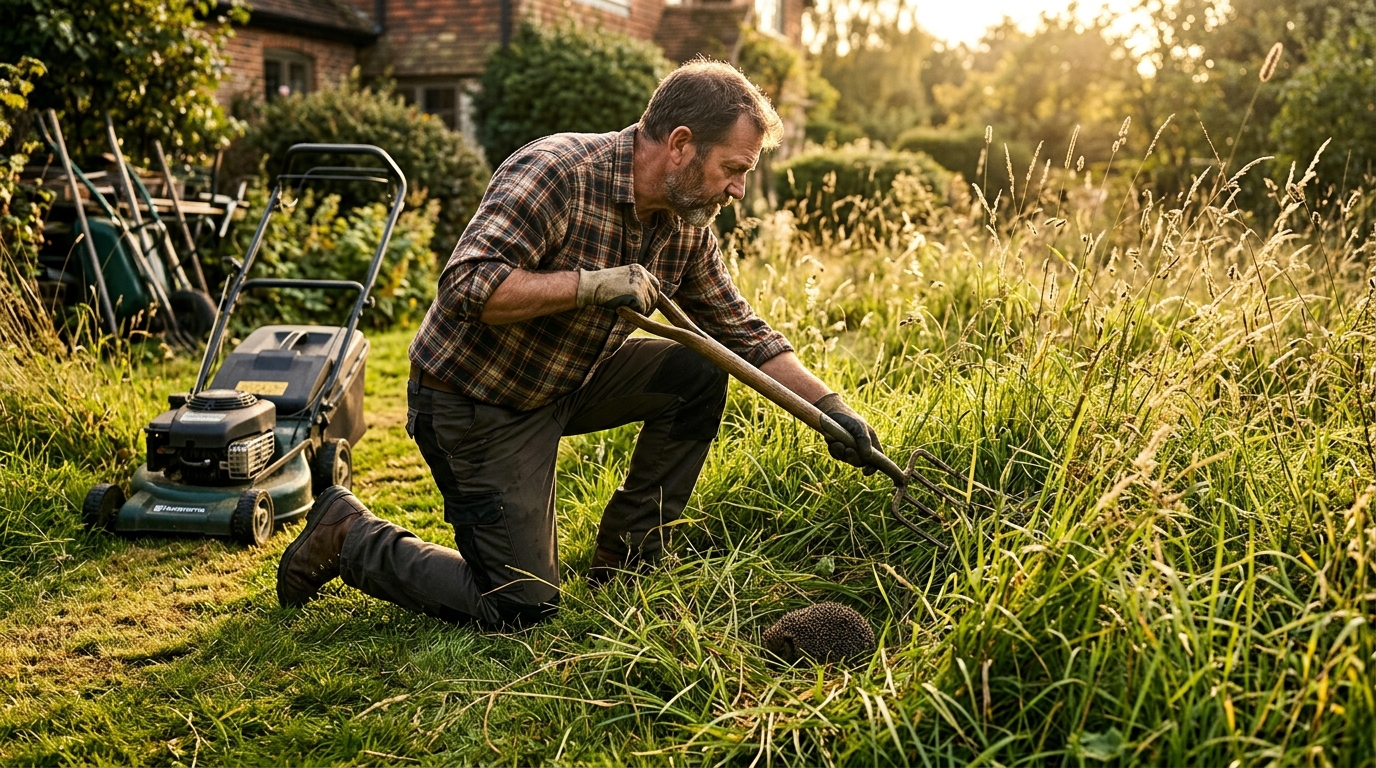 Jardinier vérifiant l'herbe haute avant de tondre