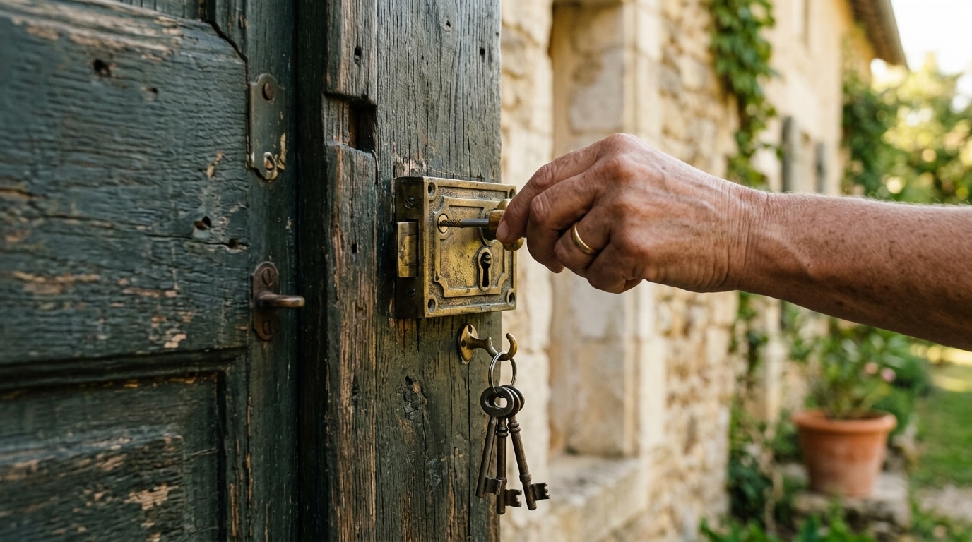 Main changeant la serrure d'une porte de maison ancienne