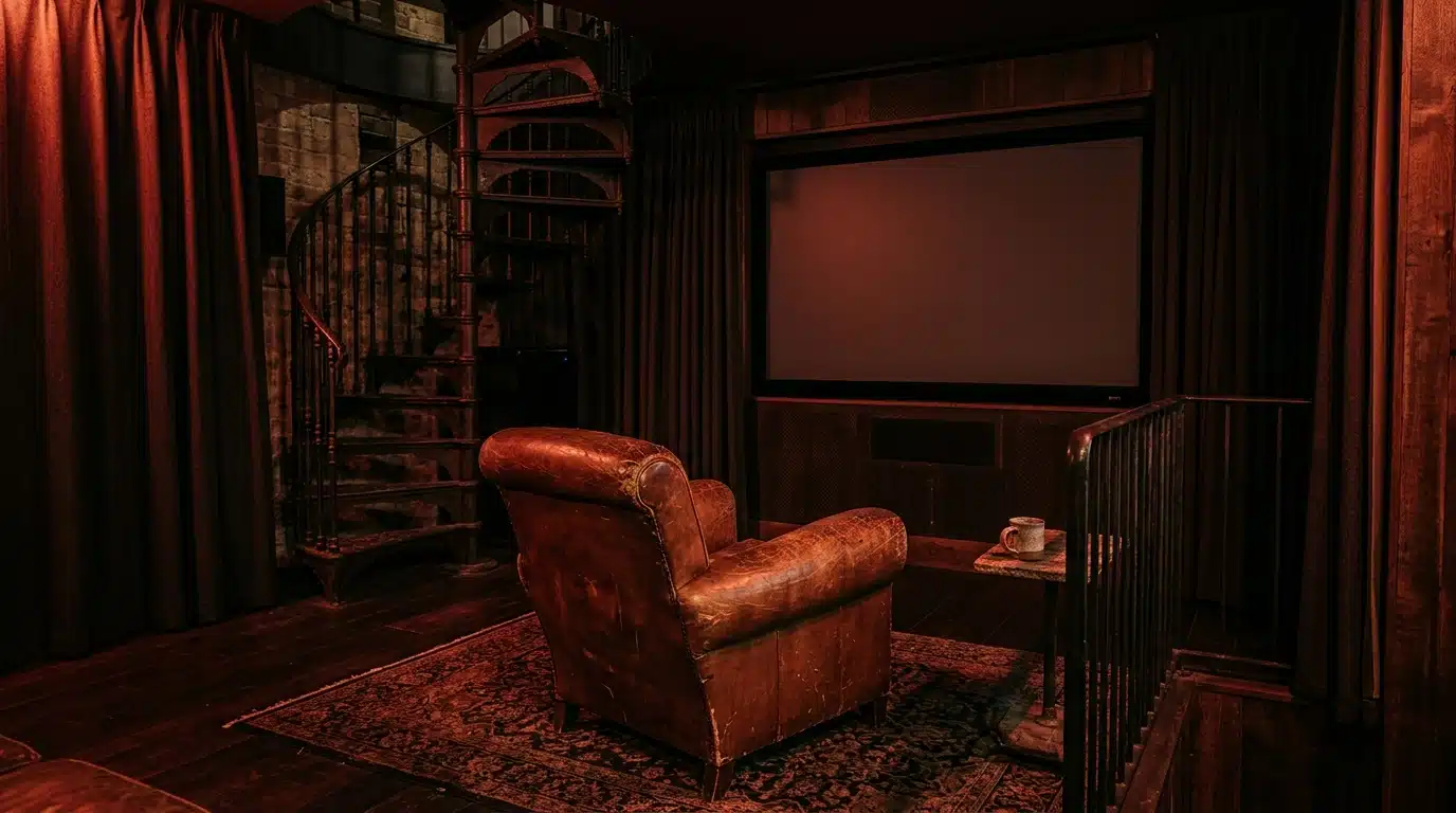 Cabine privée avec fauteuil en cuir et écran