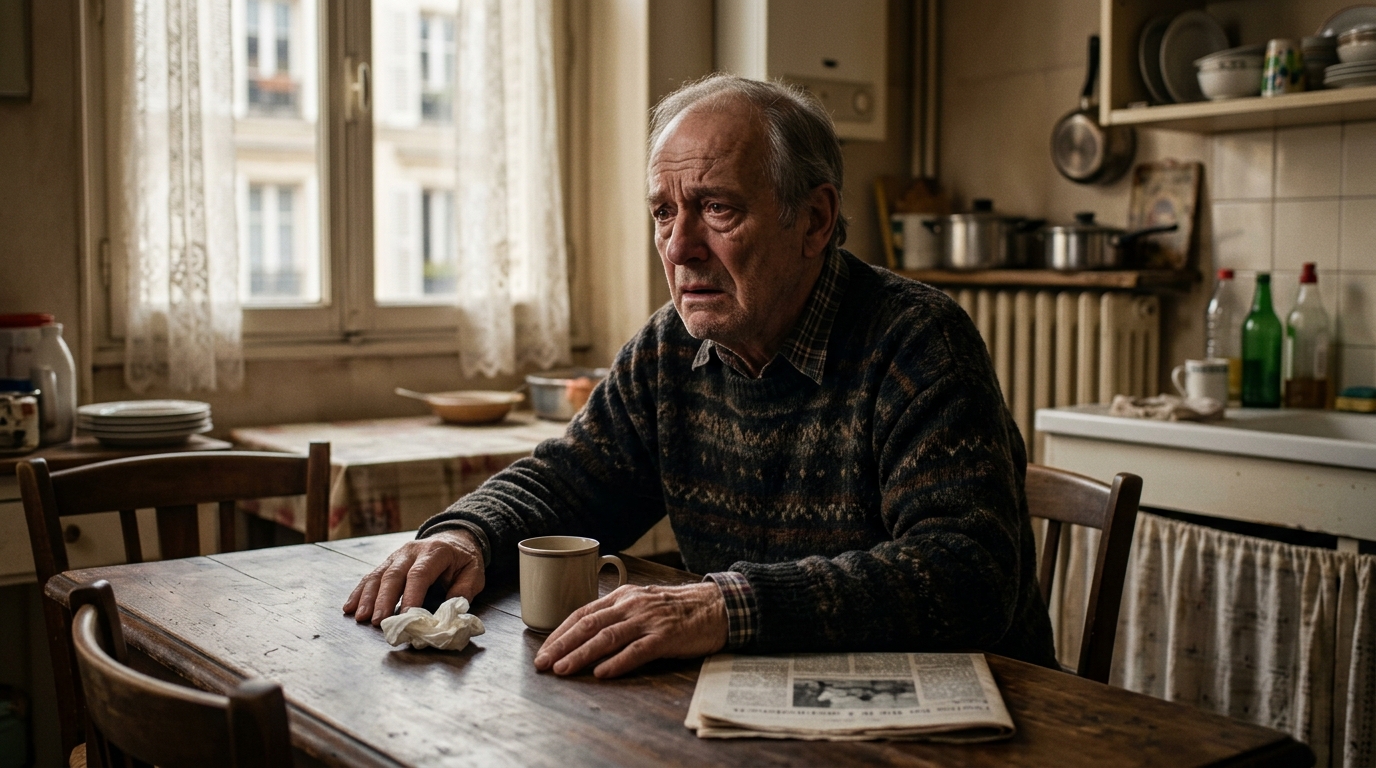 Homme âgé assis seul à une table, visage bouleversé