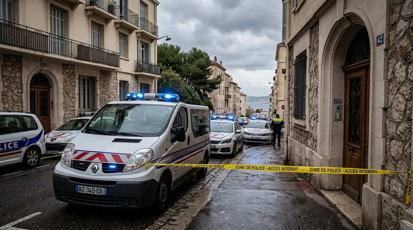 Voitures de police garées devant un immeuble résidentiel