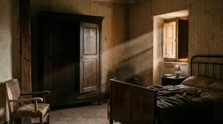 Armoire ancienne entrouverte dans une chambre rustique