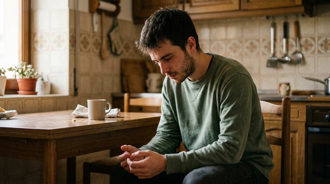 Jeune homme assis seul à une table, visage abattu