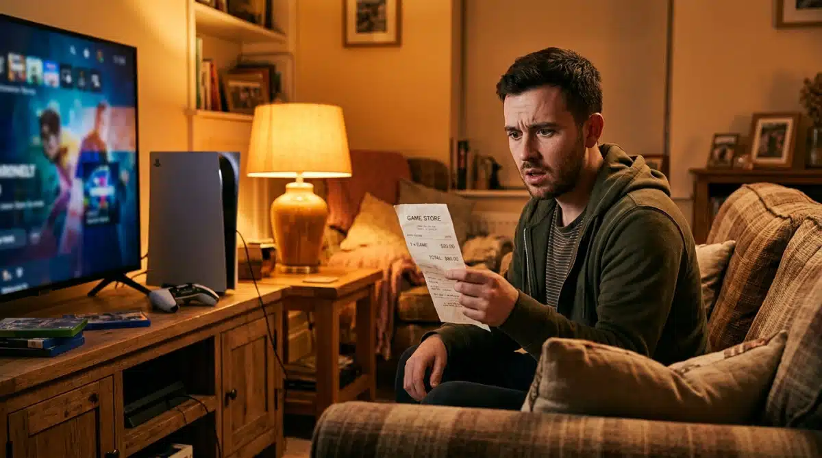 Un homme surpris par le prix affiché de 80 dollars pour un jeu vidéo
