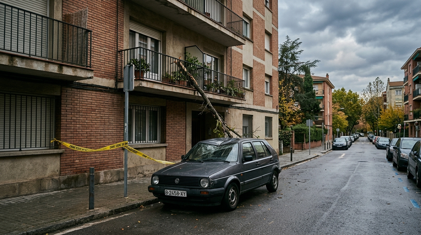 Voiture endommagée sous un balcon après une chute