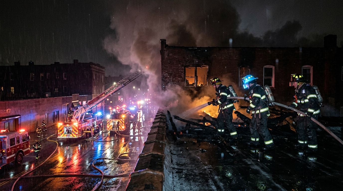 Pompiers intervenant de nuit près d'un bâtiment en feu