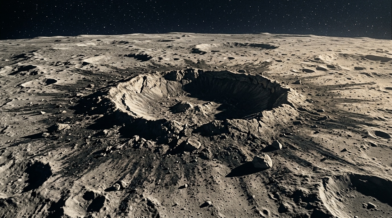Cratère lunaire frais avec halo sombre visible