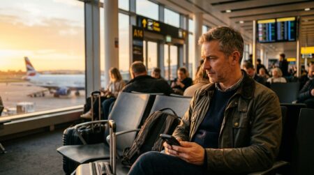 Homme regardant son téléphone dans un aéroport avant son vol