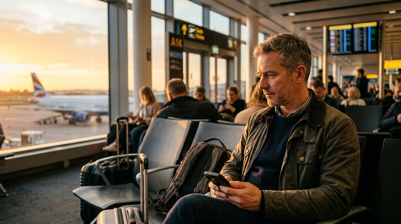 Homme regardant son téléphone dans un aéroport avant son vol