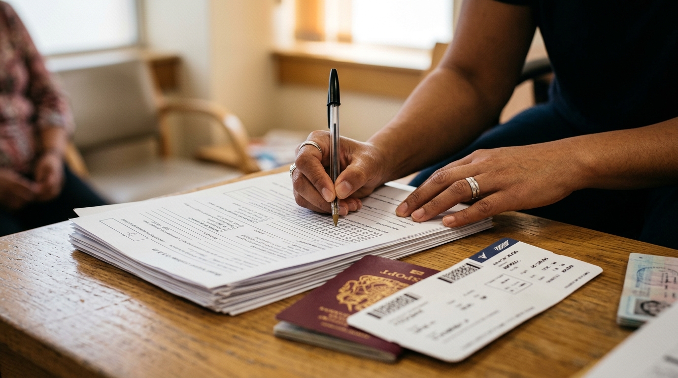 Patient signant des documents médicaux avant une opération à l'étranger