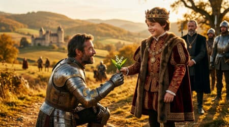 Un jeune roi reçoit un brin de muguet d'un chevalier