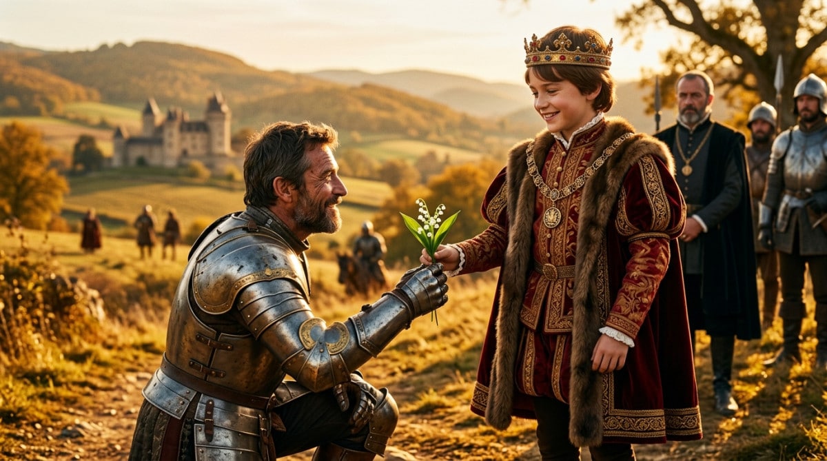 Un jeune roi reçoit un brin de muguet d'un chevalier