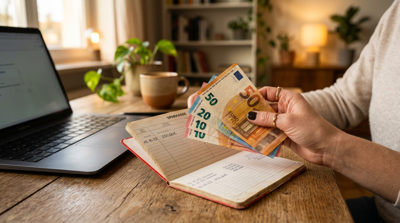 Main tenant des billets au-dessus d'un carnet bancaire
