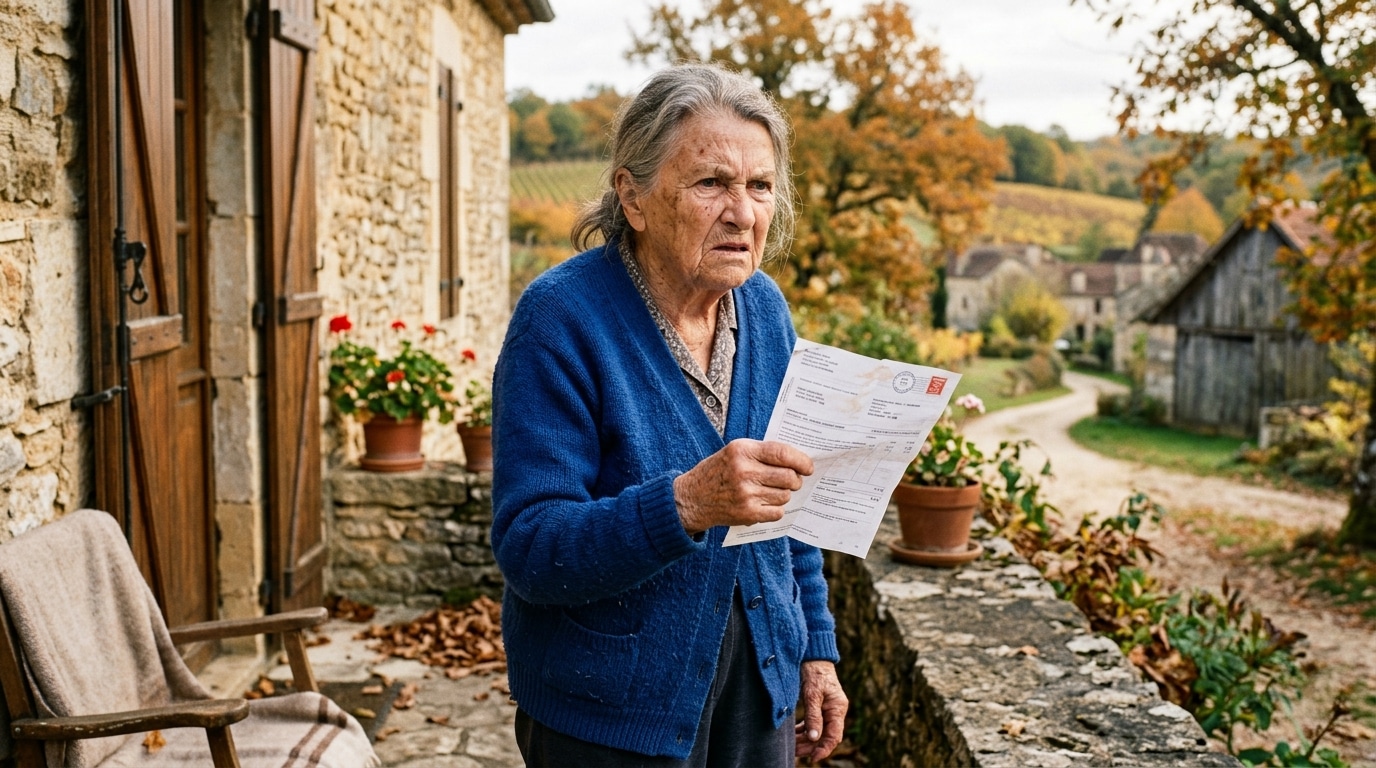 Retraitée âgée devant sa maison, cuve à fioul remplie