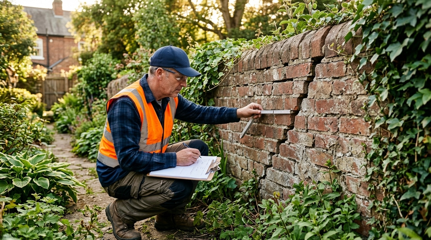 Expert du bâtiment inspectant un mur mitoyen fissuré