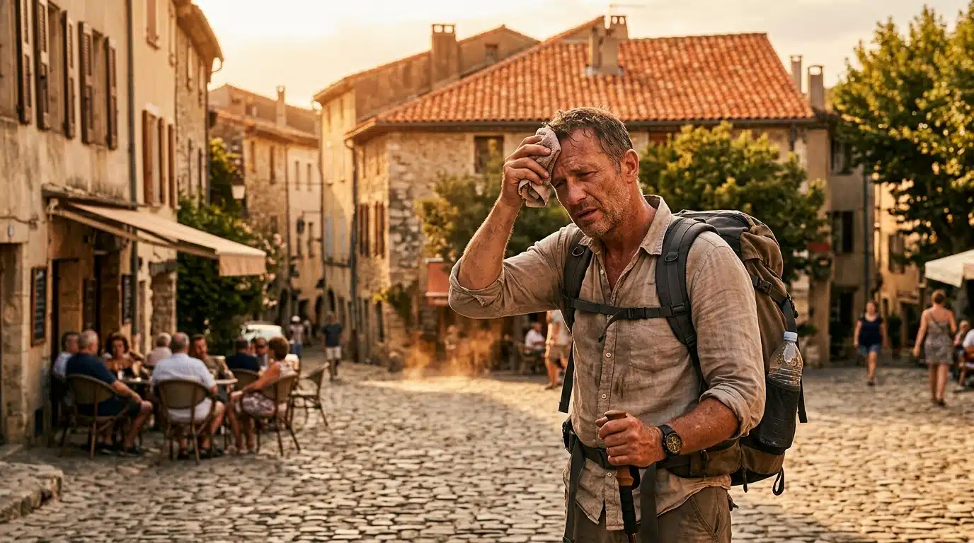 Voyageur affecté par la chaleur dans un village du sud de la France
