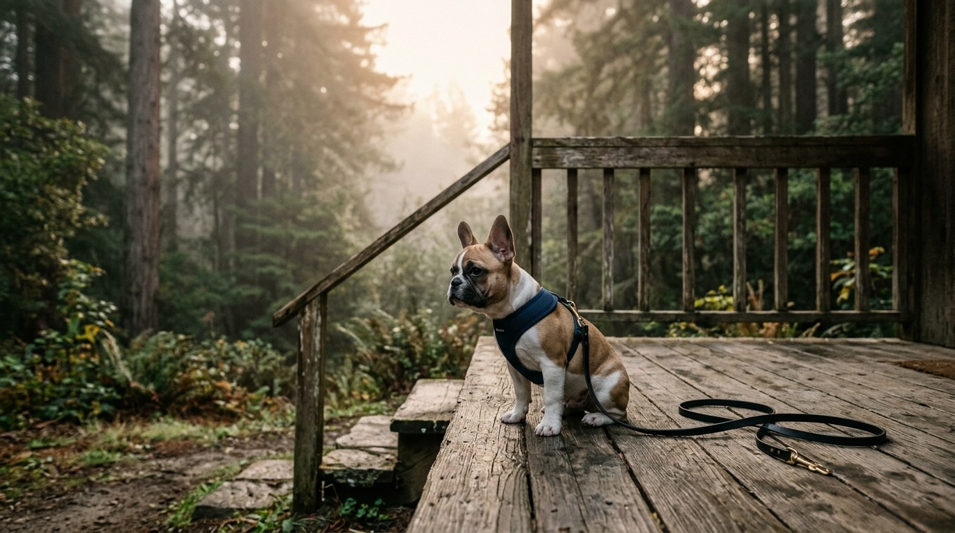 Chiot bouledogue français seul sur un porche au petit matin