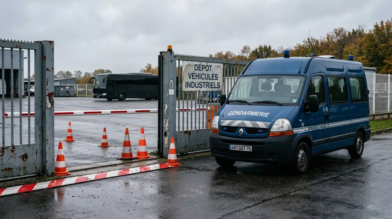 Véhicule de gendarmerie devant un dépôt industriel