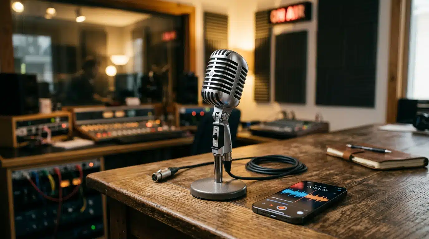 Micro de studio radio et smartphone sur un bureau
