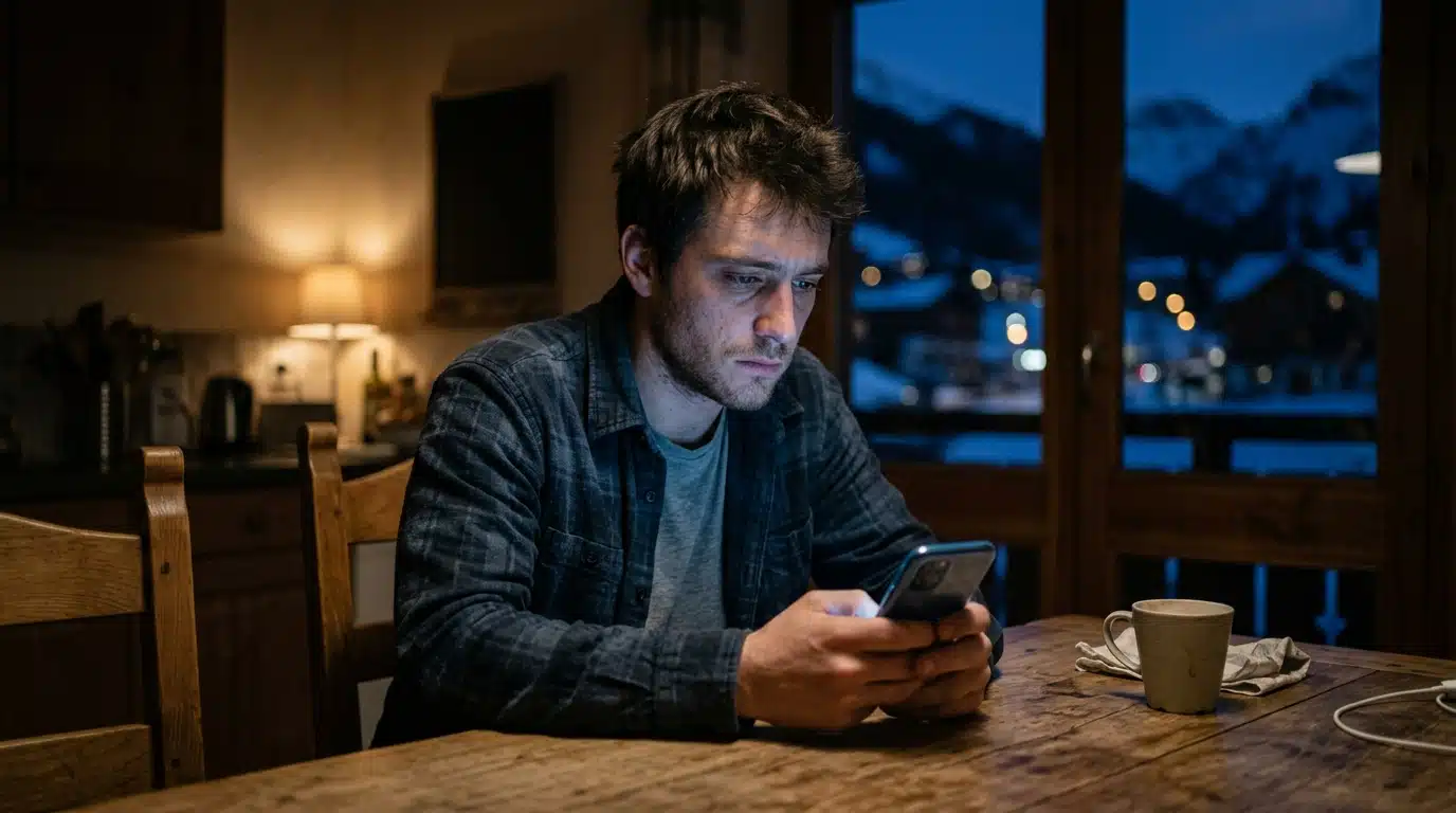 Homme anxieux consultant son smartphone la nuit