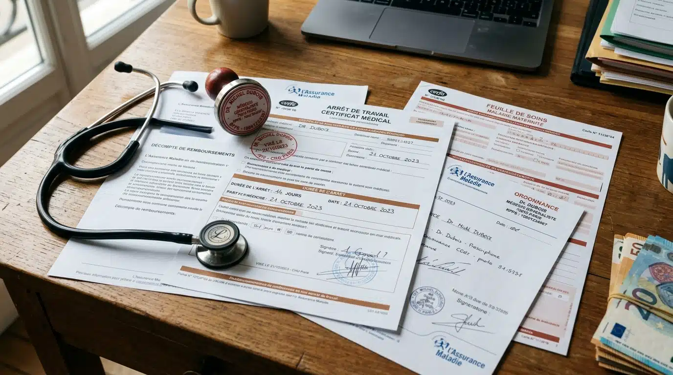 Documents médicaux et billets de banque sur un bureau