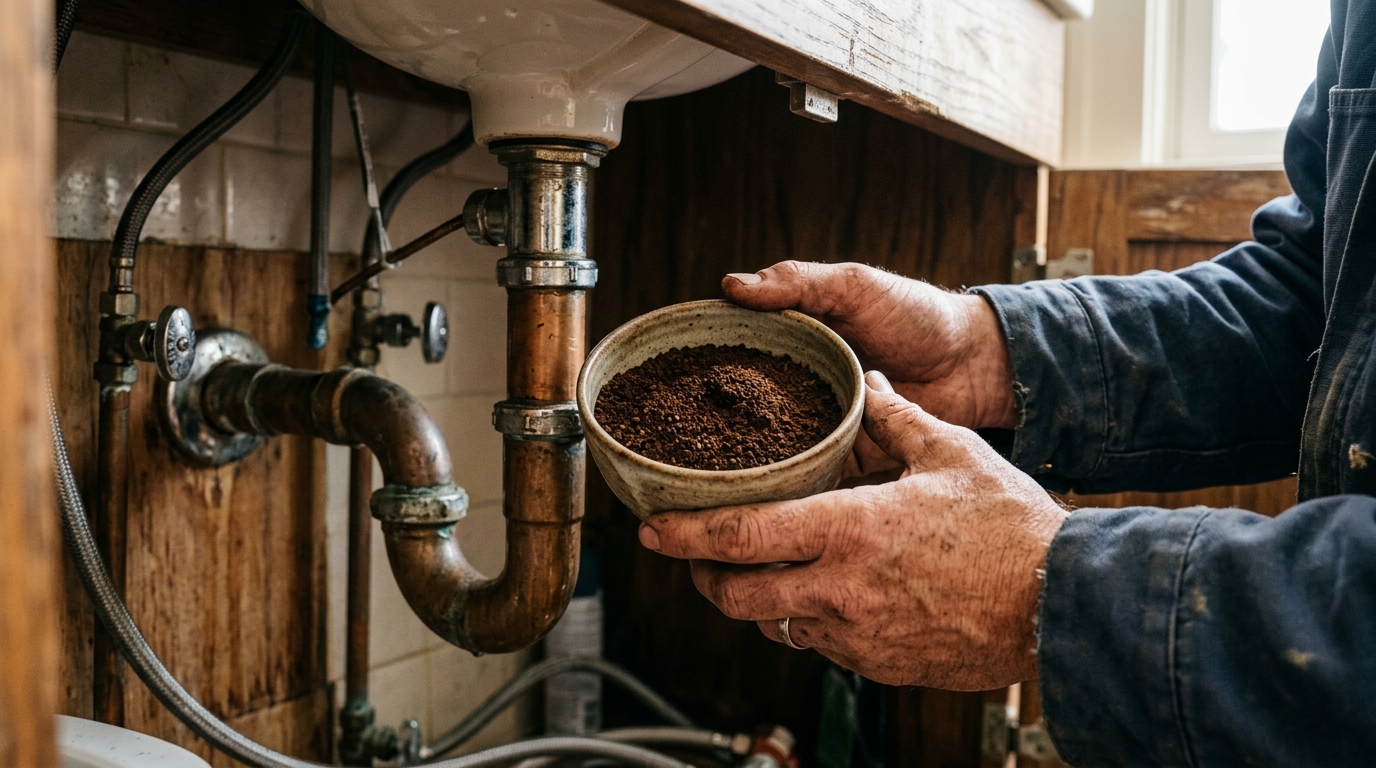 Coupelle de marc de café séché près d'un lavabo