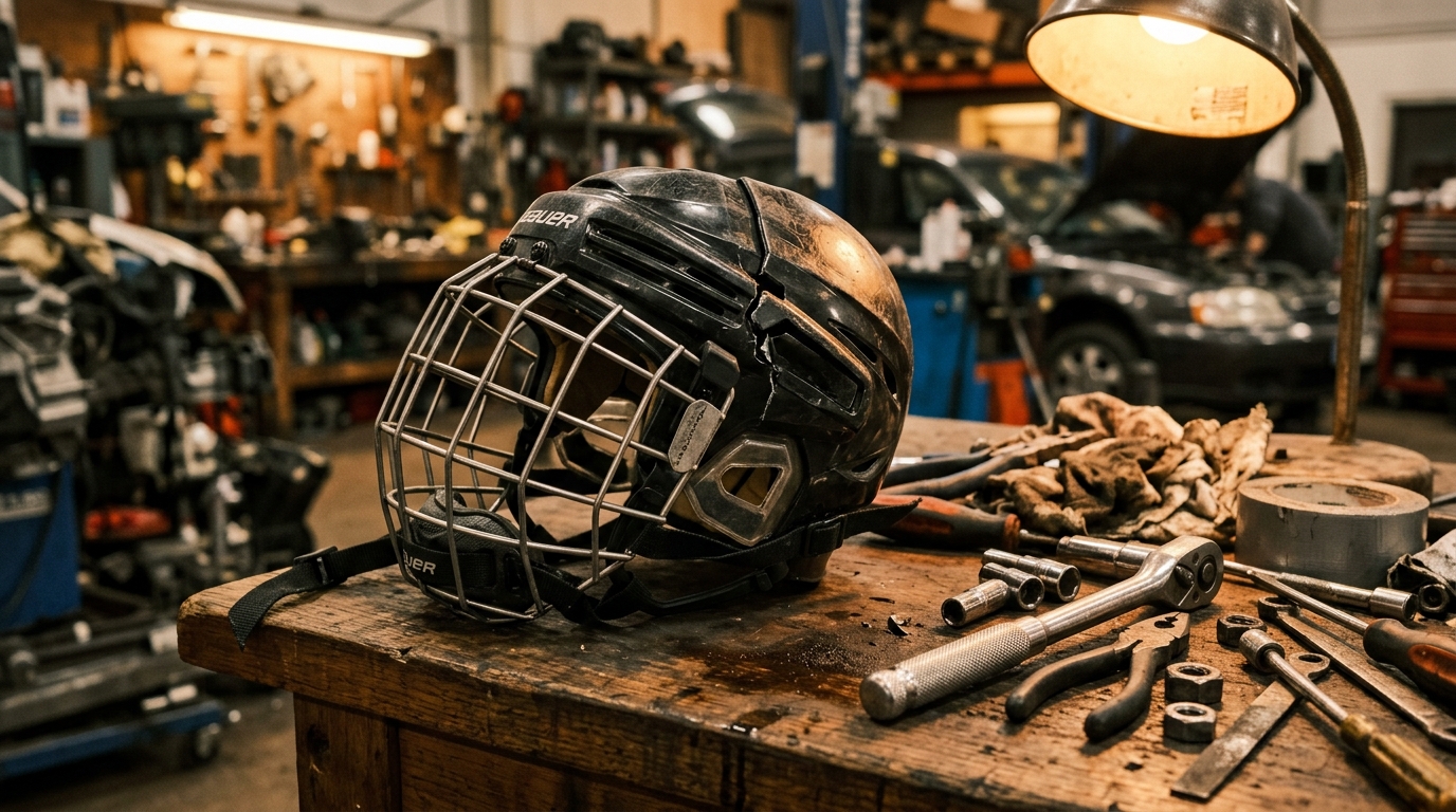 Casque de hockey fissuré posé dans un garage automobile