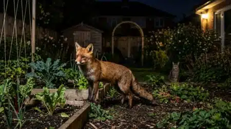 Renard roux vigilant dans un jardin la nuit