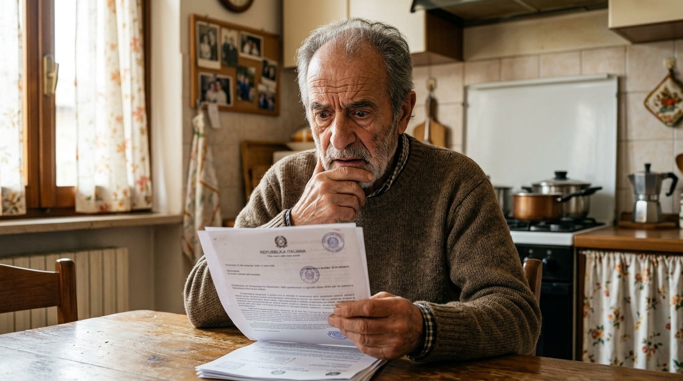 Retraité italien inquiet face à des documents administratifs