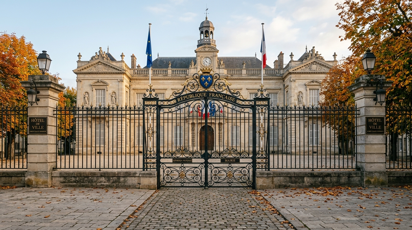 Grille fermée d'un hôtel de ville en matinée