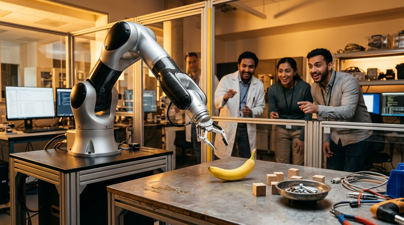 Bras robotique attrapant une banane près d'un bol