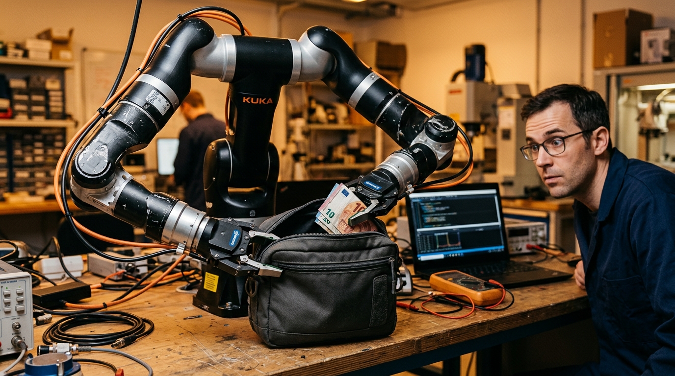 Robot à deux bras ouvrant une trousse avec des billets