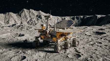 Rover lunaire immobile sur sol gris cratérisé